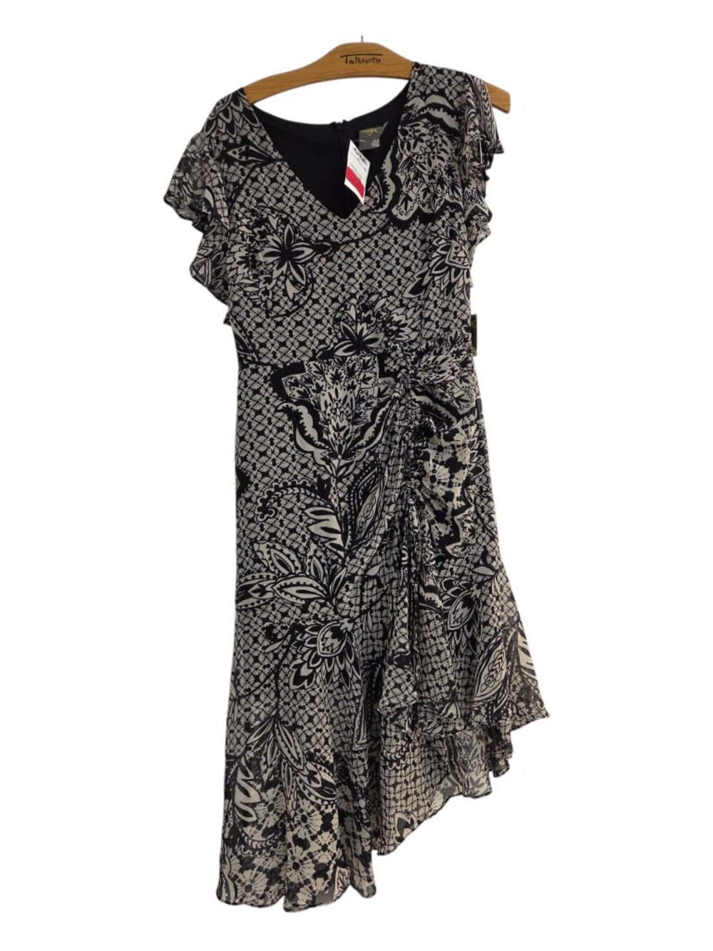 Taylor Women's Size 10 Black Tan Lace Floral Chiffon Asymmetric Hem Dress NWT